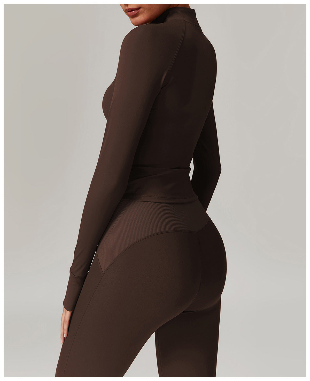 Brown langry athletic wear set featuring long sleeves and leggings for fashion enthusiasts