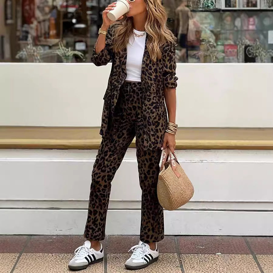 Leopard print casual cardigan coat and work pant set showcasing stylish langry fashion ملابس