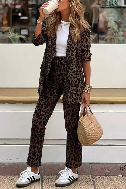 Leopard print casual cardigan coat work pant sets