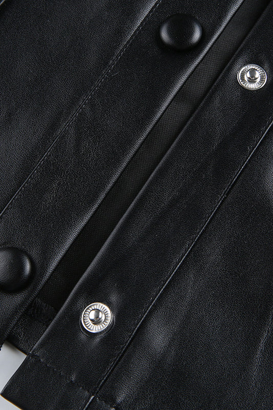 Classic langry black leather jacket with silver buttons, winter fashion coat