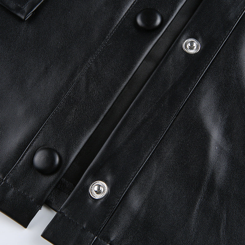 Classic langry black leather jacket with silver buttons, winter fashion coat