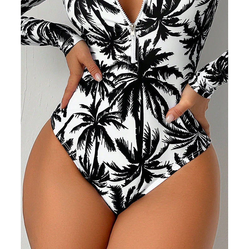 Palm tree print long sleeve swimsuit for women, fashionable and conservative beach wear