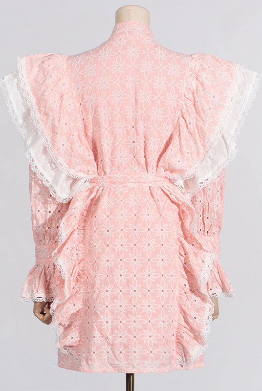 Pink eyelet dress with white lace trim, stand collar, langry fashion, women’s summer dress