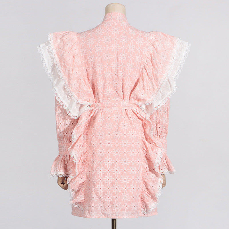 Pink eyelet dress with white lace trim, stand collar, langry fashion, women’s summer dress