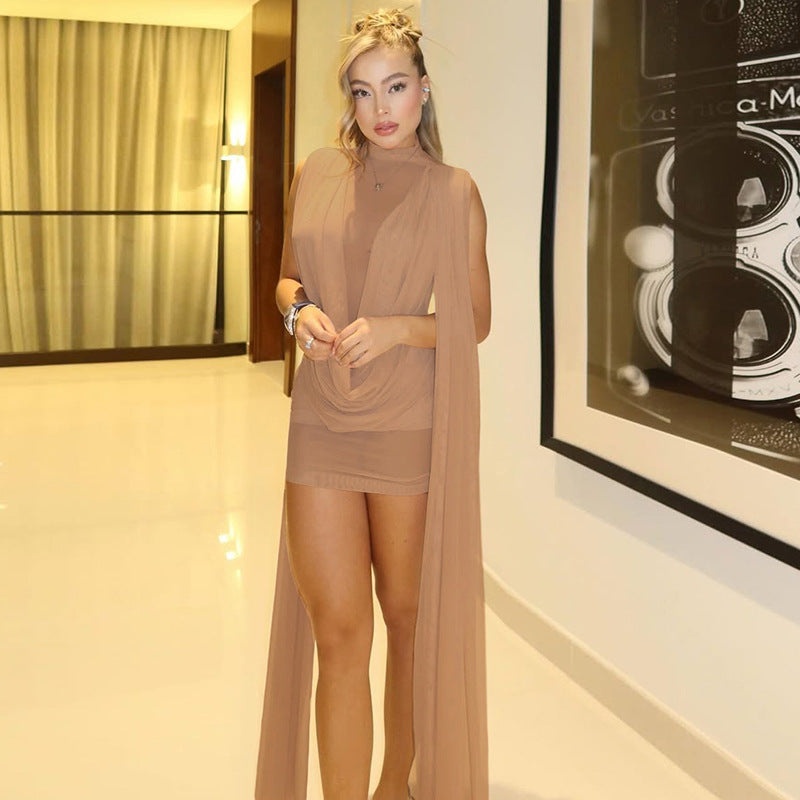 Elegant langry nude sheer cape dress with high slit
