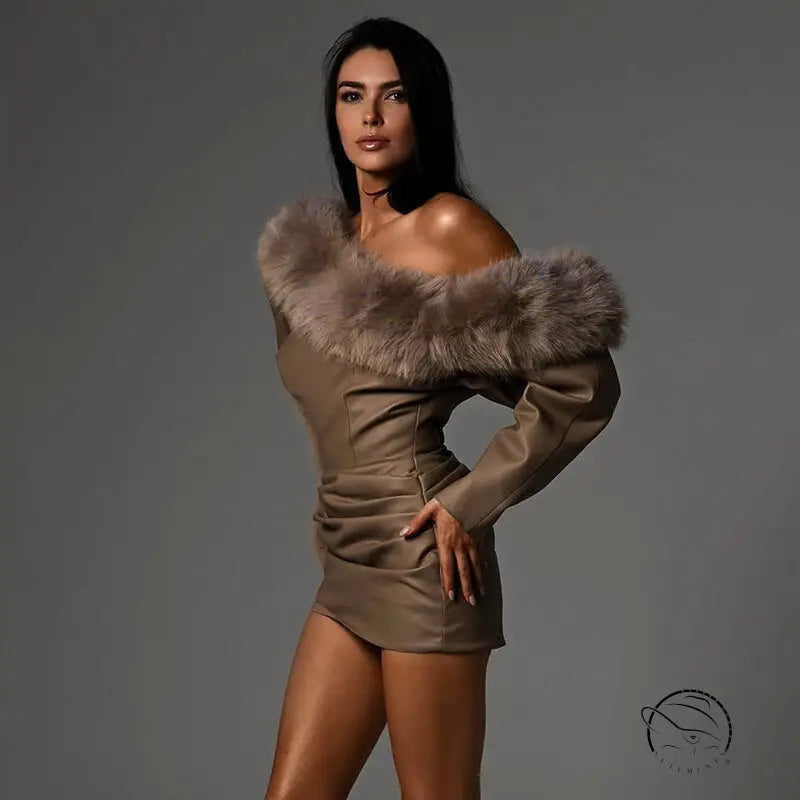 Olive green satin langry fashion dress with fur trim, off-shoulder style