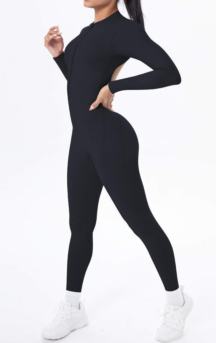 Black long-sleeve yoga one-piece with high neckline and side zipper