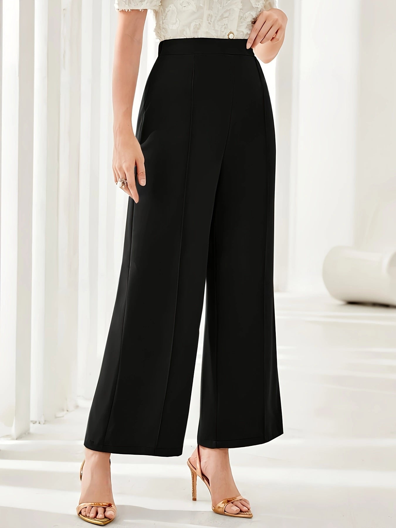Elegant High Waist Wide Leg Straight Casual Pants in black, perfect for fashion-forward styles