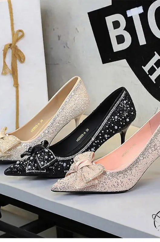 Langry fashion bowknot rhinestone stiletto pumps in gold, black, pink, silver