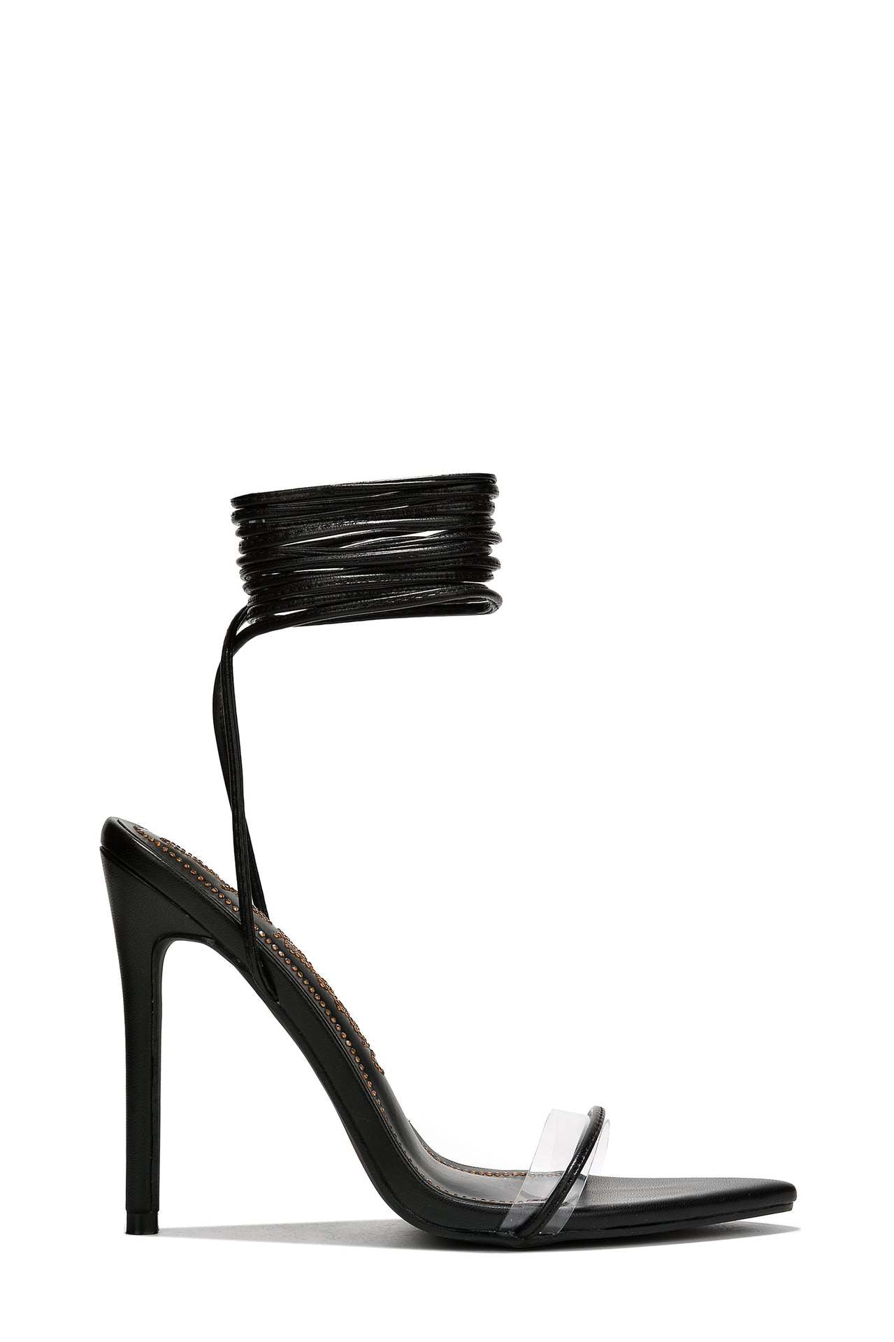 Elegant black stiletto heel with ankle wrap, perfect for fashion and ملابس statements