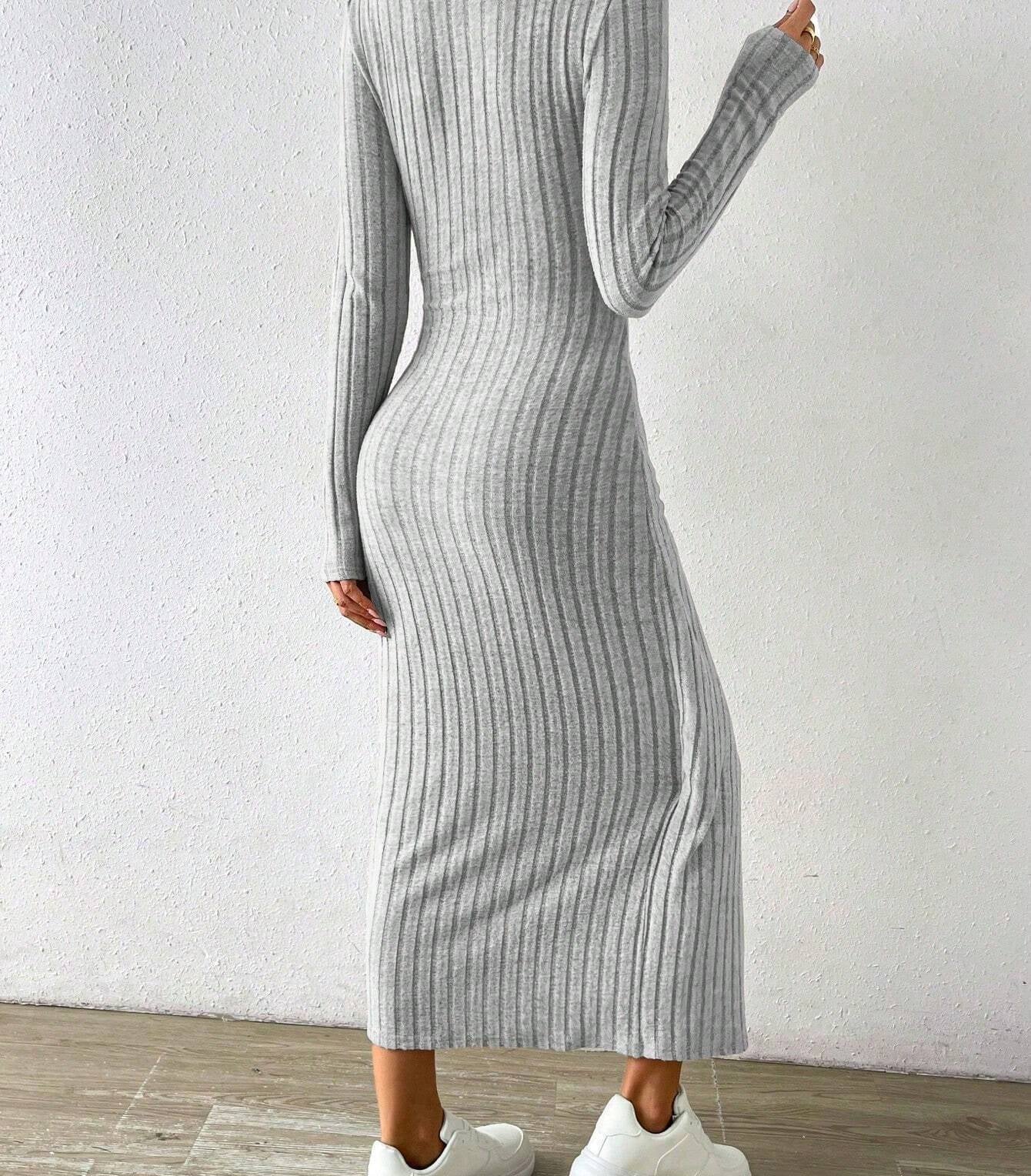 Warm gray ribbed maxi dress with fitted silhouette and long sleeves