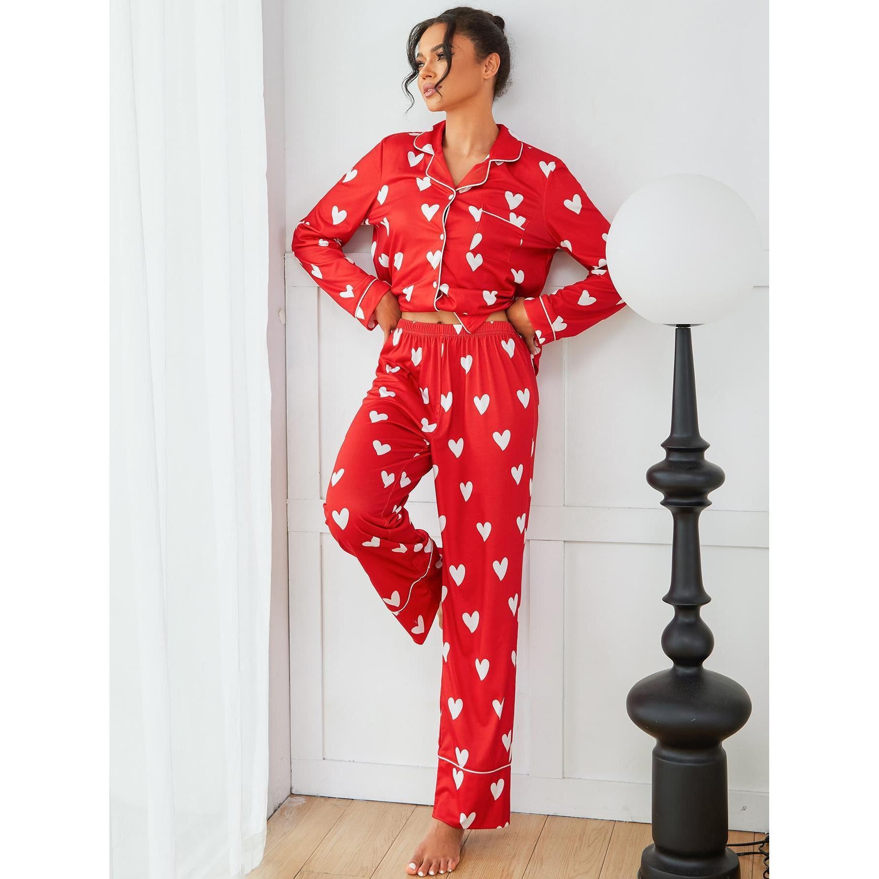 Red heart-patterned pajama set for women, stylish autumn winter home wear, ملابس فاخرة