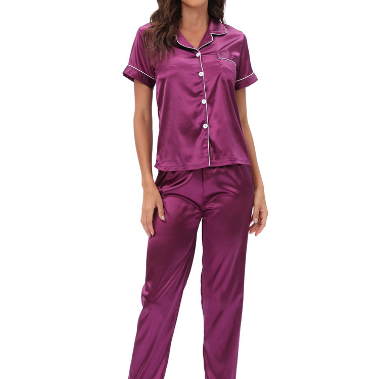 Langry purple satin two-piece pajama set with white piping