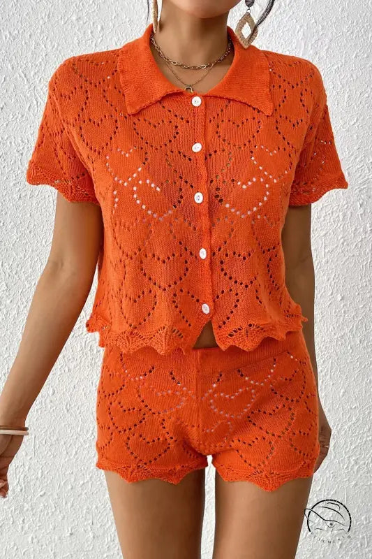 Beautiful beach sets: orange knit shorts and top ensemble