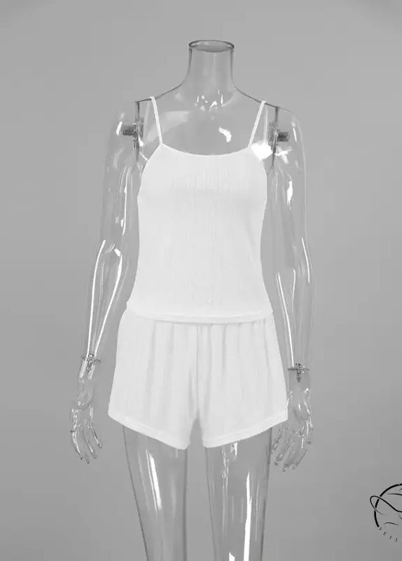 White ribbed spaghetti strap langry pajamas set on mannequin