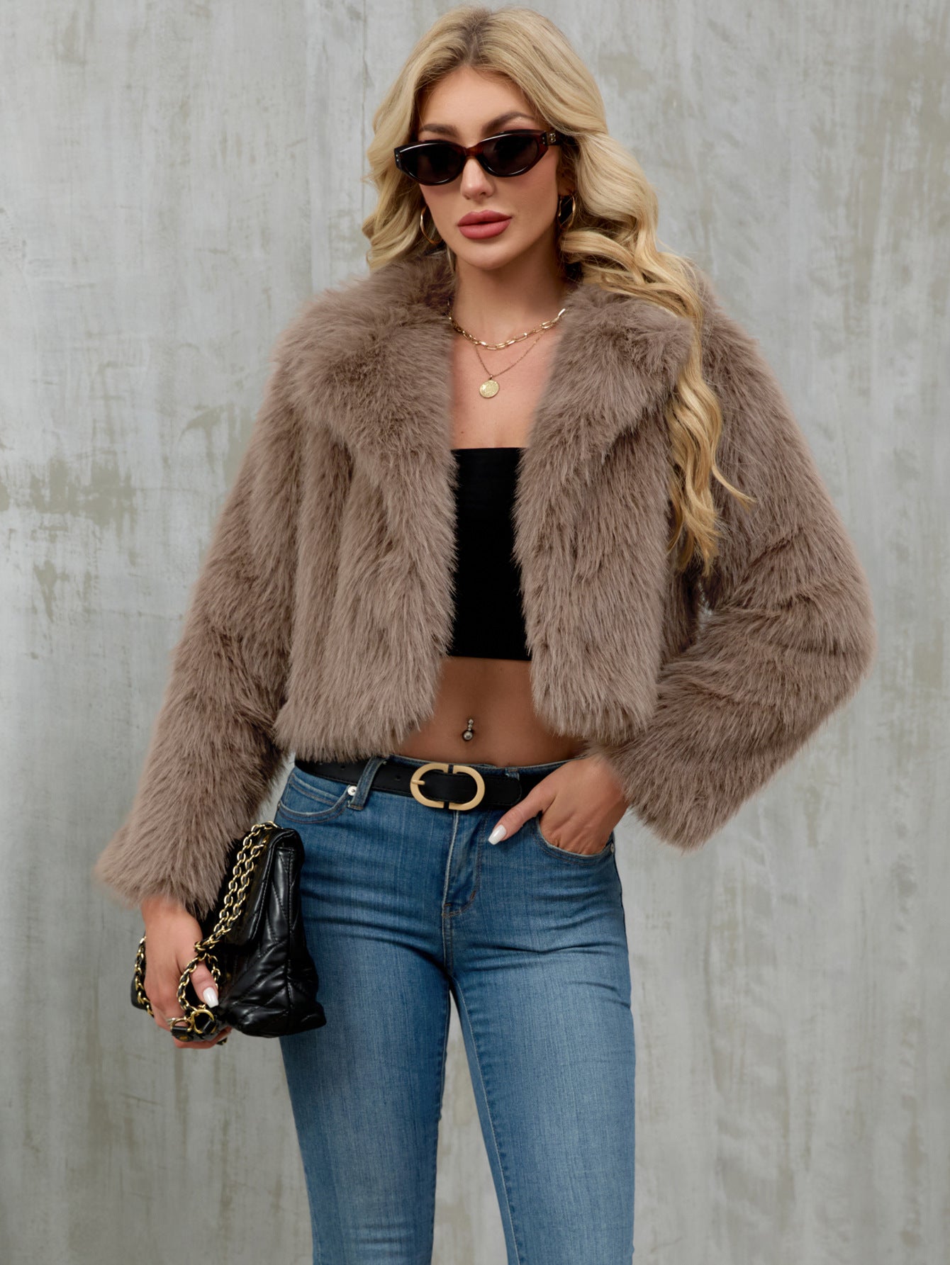Langry faux fur cropped jacket with fluffy taupe collar