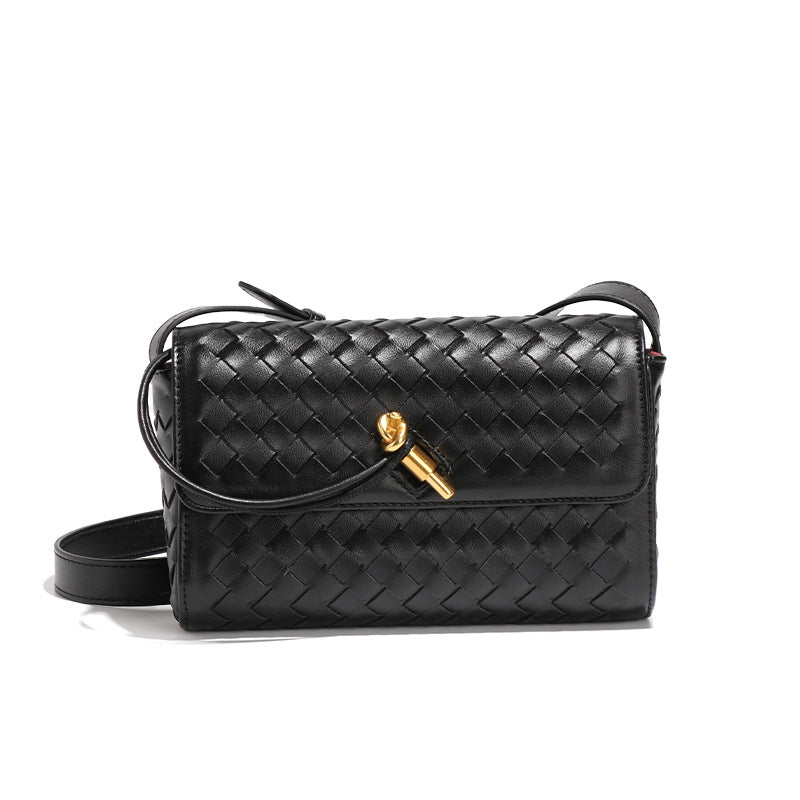 Black woven leather shoulder bag with gold hardware for elegant fashion and ملابس