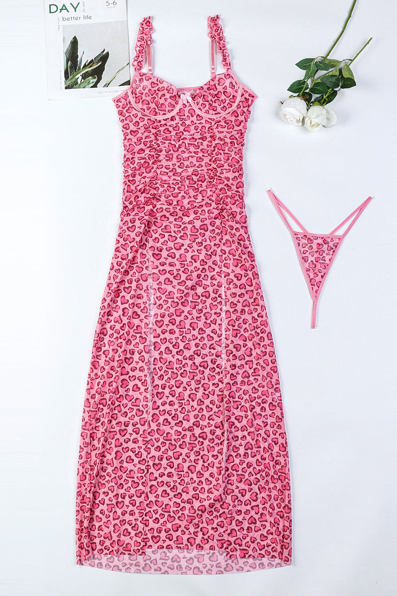 Pink floral print slip dress with matching thong, part of Seduction Skirt Pink Two Piece Set