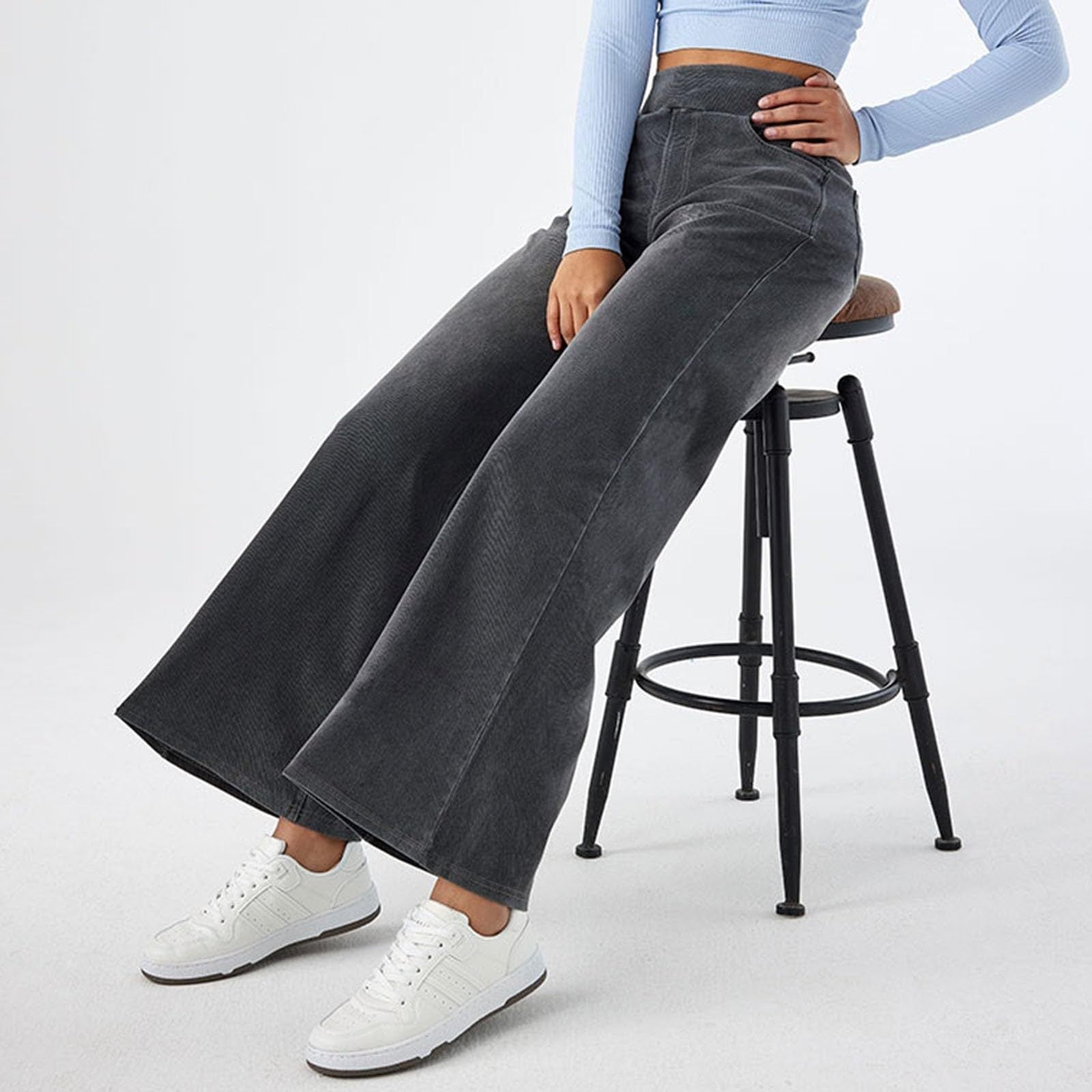 Gray corduroy wide-leg pants from Loose Casual Jeans for trendy fashion ملابس