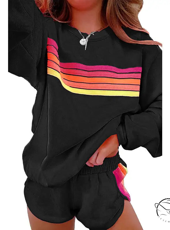 Black loose slim fit casual two piece loungewear set with retro rainbow stripes