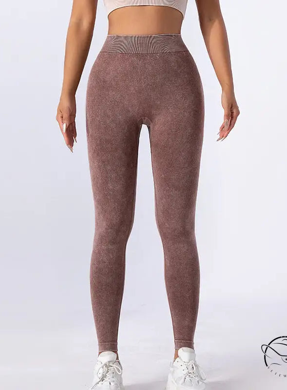 Brown textured high-waisted washed seamless yoga trousers