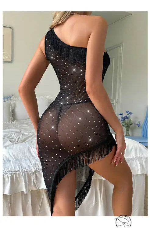 Langry fashion black sequined fringe dress with high slit