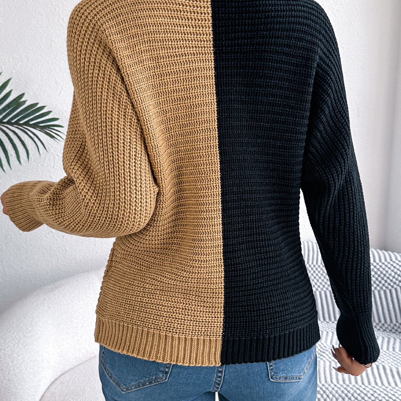 Two-tone knit sweater from Casual Shoulder Oversleeve Sweater - stylish langry fashion and ملابس