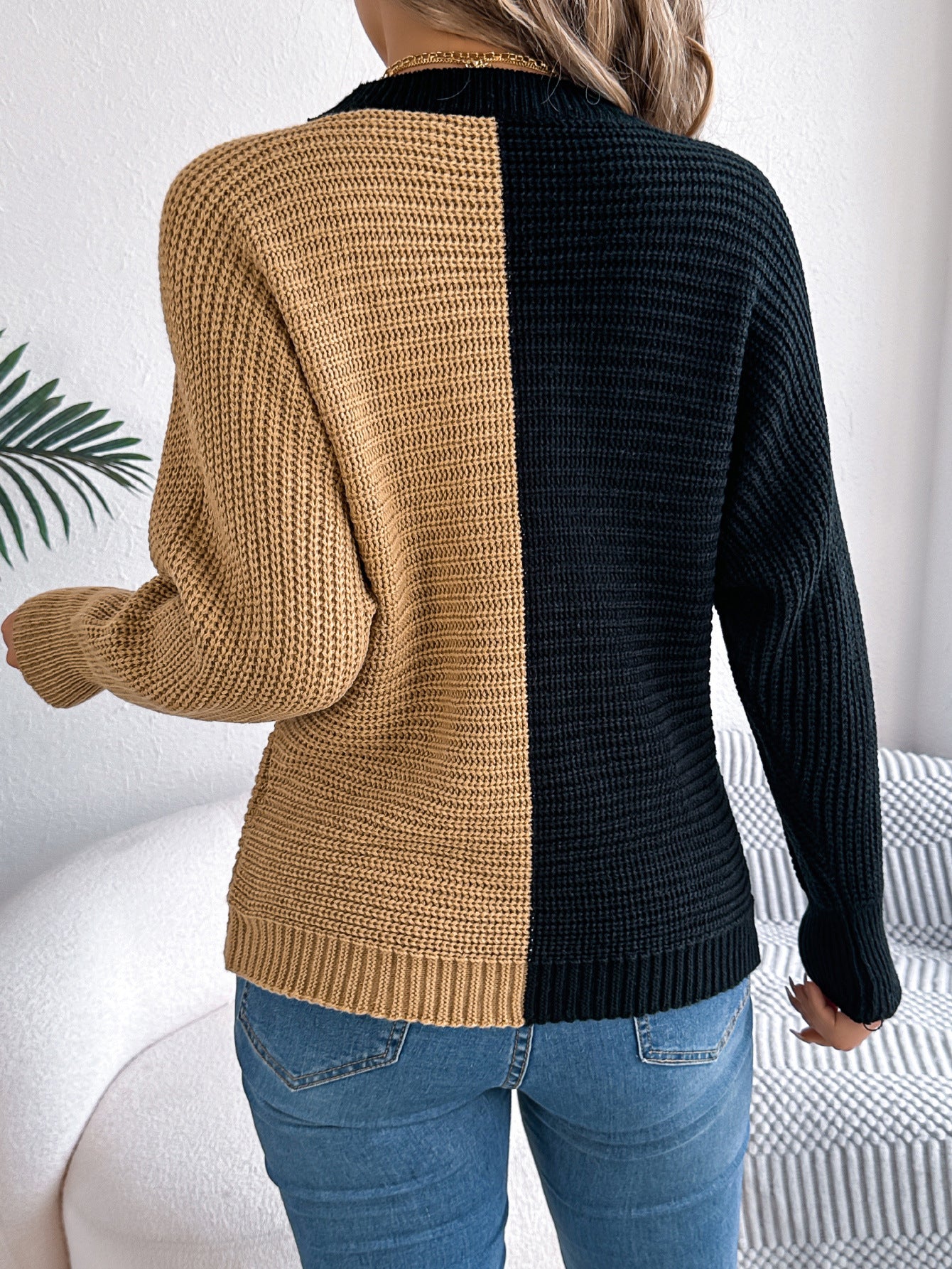 Two-tone knit sweater from Casual Shoulder Oversleeve Sweater - stylish langry fashion and ملابس