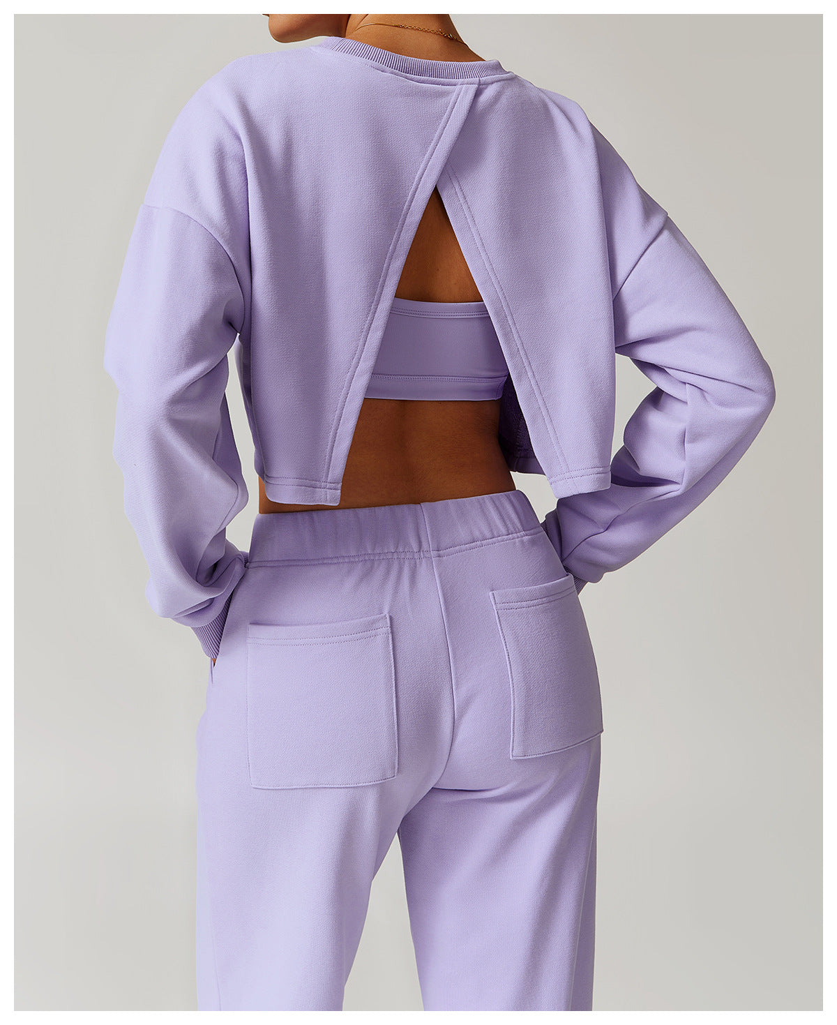 Lavender long sleeve open-back sweatshirt and pants set for autumn winter fashion