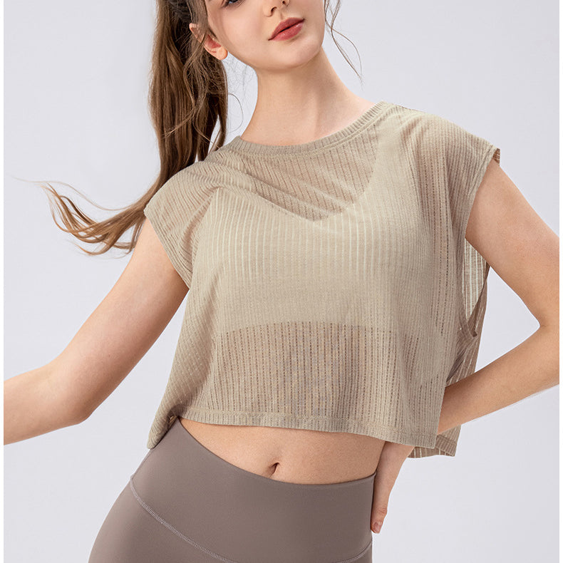 Summer Yoga Blouse Women Hollow out Cutout Breathable Sleeveless Top Short Loose Running Sports Workout