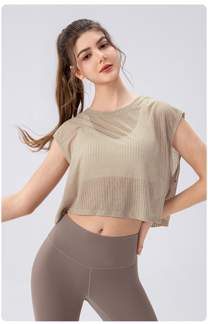 Summer Yoga Blouse Women Hollow out Cutout Breathable Sleeveless Top Short Loose Running Sports Workout