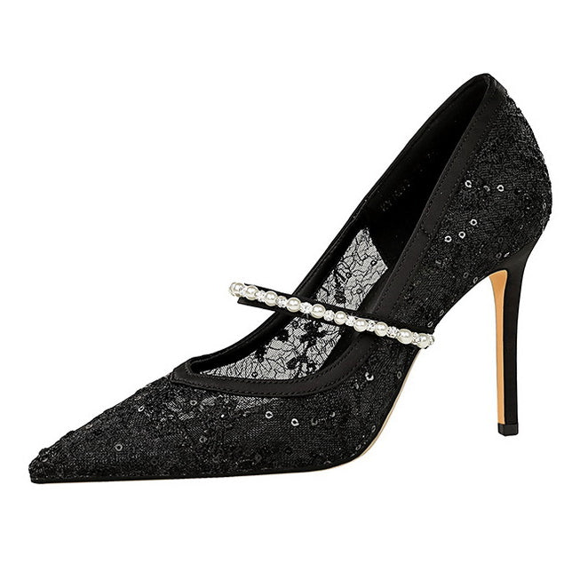 Langry fashion black lace stiletto heel with pearl strap and pointed toe