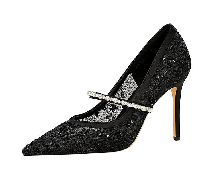Langry fashion black lace stiletto heel with pearl strap and pointed toe