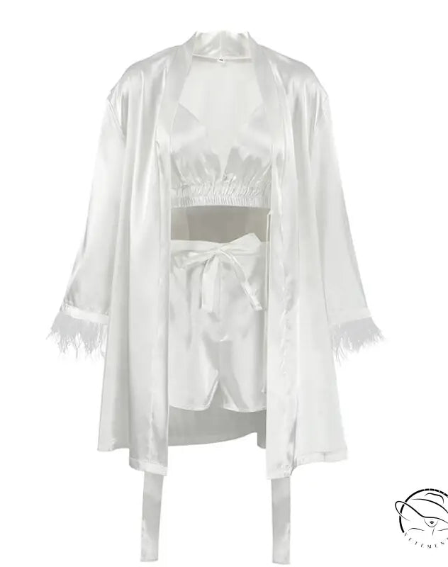 Comfortable silk feather nightgown set with white satin robe, crop top, and shorts