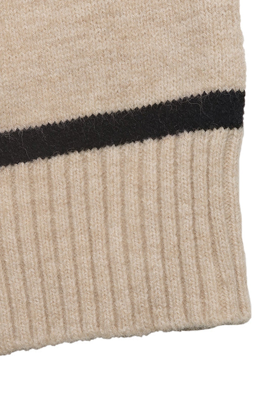 Elegant langry beige and black striped ribbed off-shoulder sweater