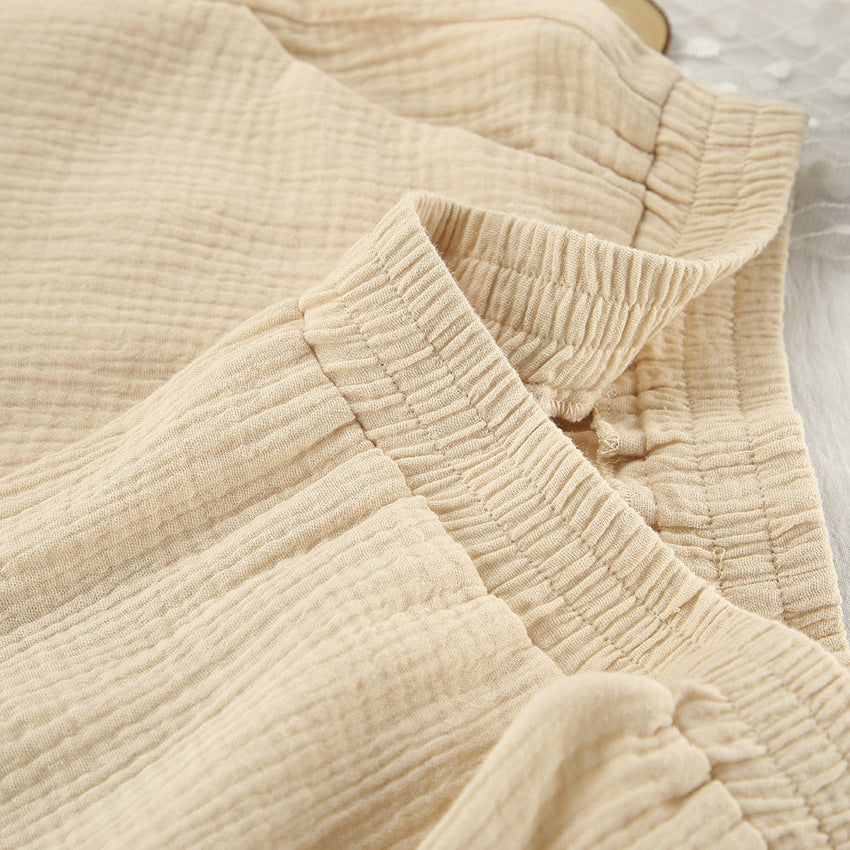 Close-up of beige crinkled cotton fabric with elastic waistband for Winter Pure Cotton Pajamas