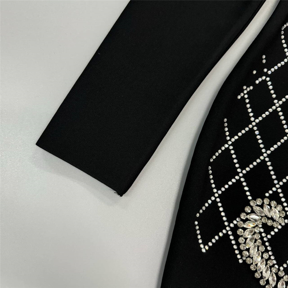 Elegant Dinner Party Dress featuring black fabric with diamond-patterned rhinestone embellishments