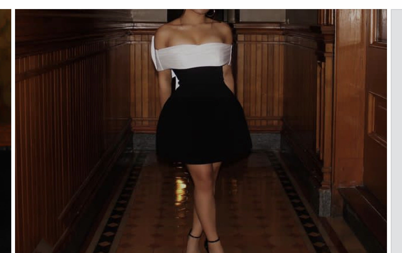 Elegant off-the-shoulder black and white dress from Black White Swing Design Bow Dress, perfect for fashion enthusiasts and ملابس