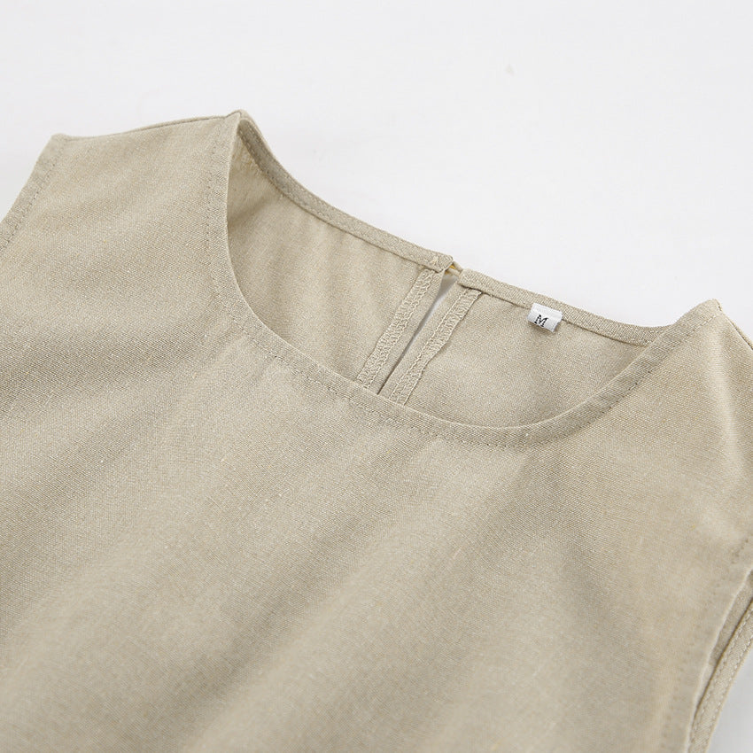 Summer Cotton Linen Sleeveless Maxi Dress Pajamas Two Piece Set Loose Casual Ladies Homewear