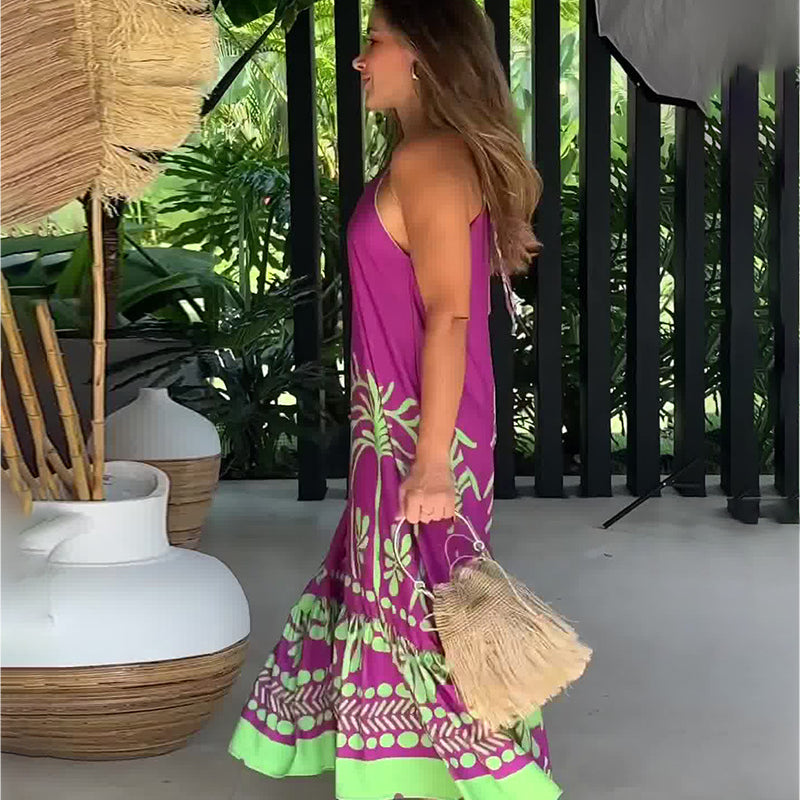 Spring Printed Sleeveless Loose Halter Dress Backless Women