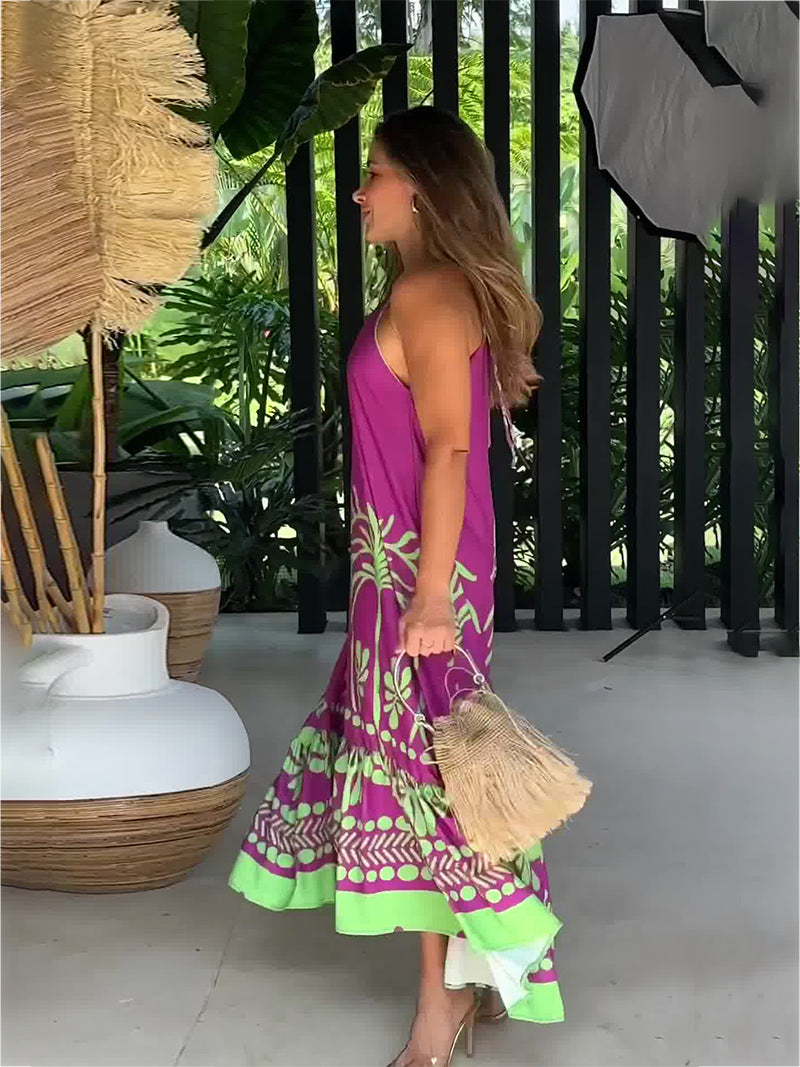 Spring Printed Sleeveless Loose Halter Dress Backless Women