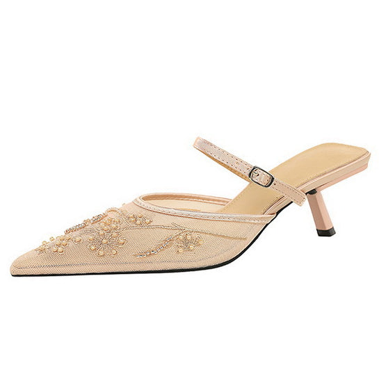 Champagne satin Langry fashion kitten heel mule with floral embroidery