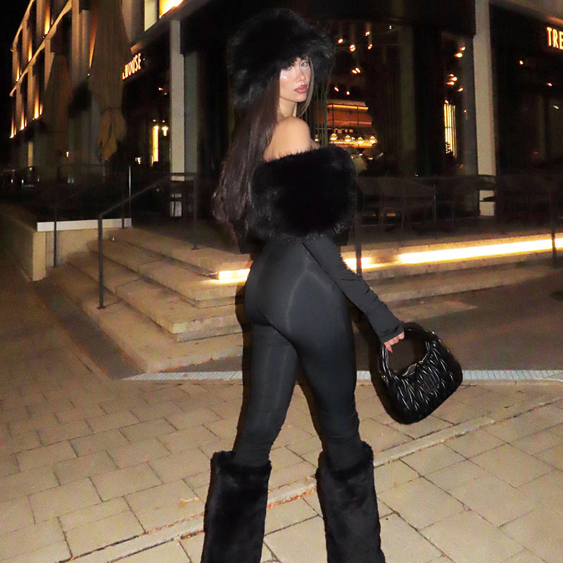 Langry fashion ملابس: black fur-trimmed off-shoulder jumpsuit with pants and boots