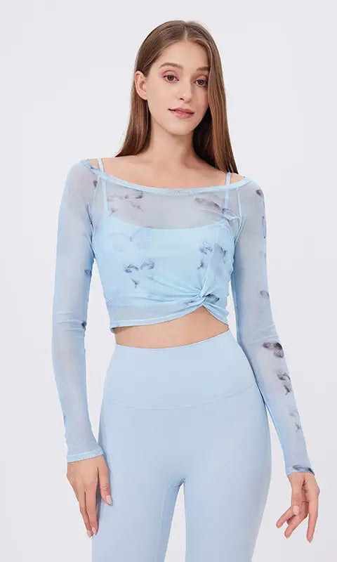 Floral Butterfly Faux Two Piece Sports t Shirt Women Long Sleeve with Chest Pad Yoga Clothes Mesh Top Quick Drying