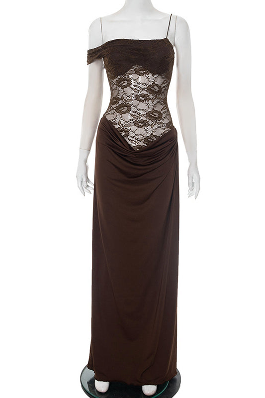 Enchanting strap lace dress with brown off-shoulder neckline and draped bodice