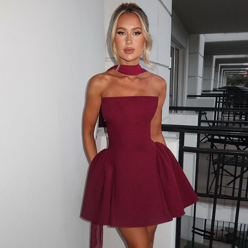 Strapless burgundy mini dress from Stunning Short Type Dress, a trendy langry fashion ملابس