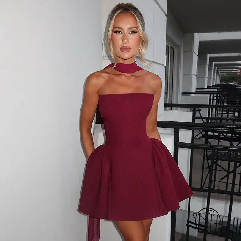 Stunning strapless burgundy mini dress in Langry fashion ملابس