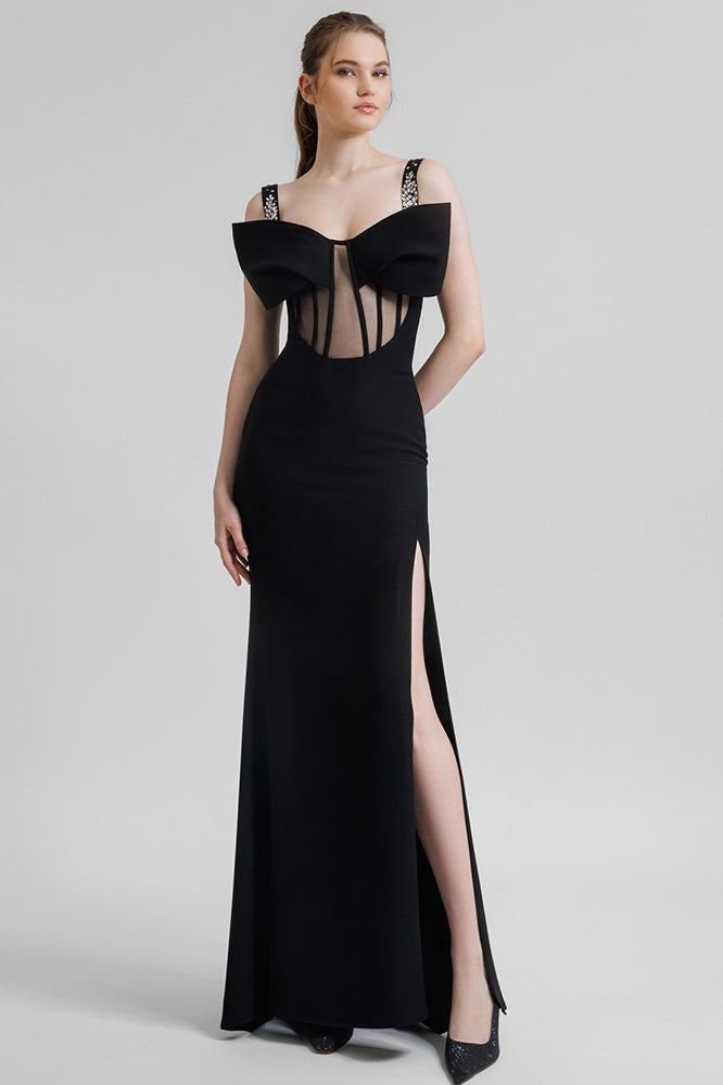 Elegant black maxi dress featuring sheer corset panels and thigh-high slit in fashion
