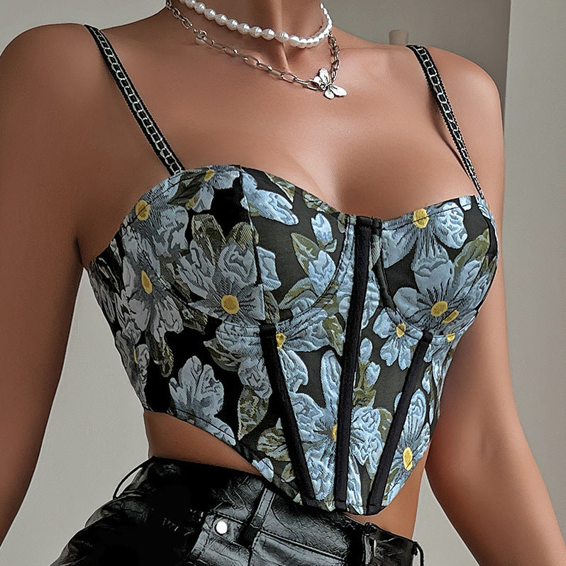 Black floral printed knotted short cropped corset with steel ring boning and chain straps