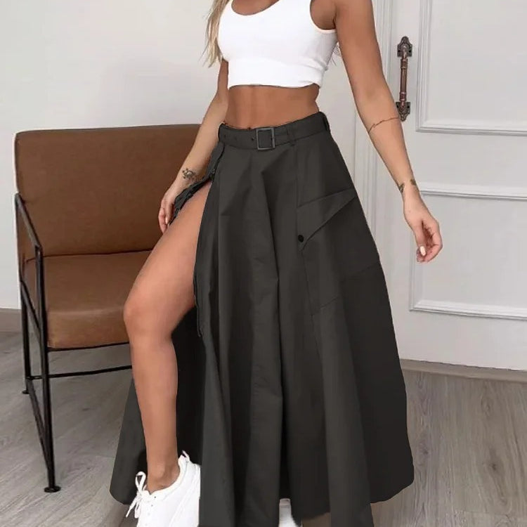 Ladies Set Summer Sleeveless Solid Color Slit Two Piece